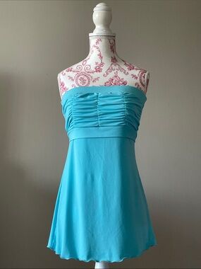Vintage Digit@l Strapless Aqua Blue Ruched Bodice Babydoll Top with Tie-back